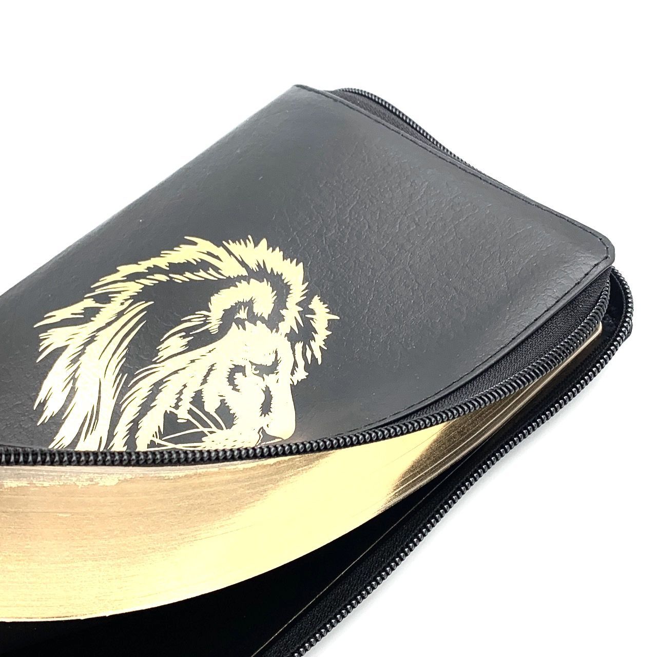 Библия 055z код 24055-52 дизайн "золотой лев", кожаный переплет на молнии, цвет черный пятнистый, средний формат, 143*220 мм