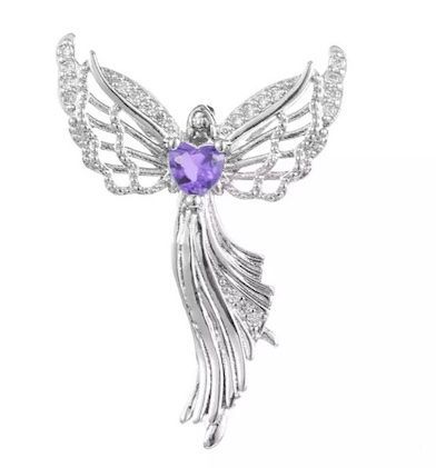 Кулон металлический "Ангел со стразом фиолетового цвета", цвет серебро, размер 20*30 мм,  на цепочке (длина 45+5 см)