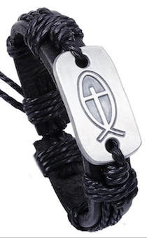 Браслет кожаный с металлической пластиной "РЫБКА внутри КРЕСТ"черные шнурочки