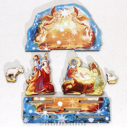 Настольный деревянный 3Д сувенир "С Рождеством Христовым!" Поклонение волхов+ангелы, размер 14,5*21 см