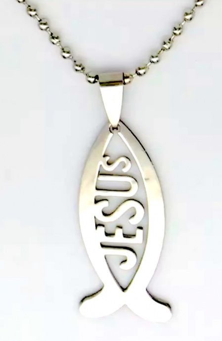 Кулон металлический Рыбка-JESUS, размер 15*40 мм, цвет "Серебро" на металлической цепочке