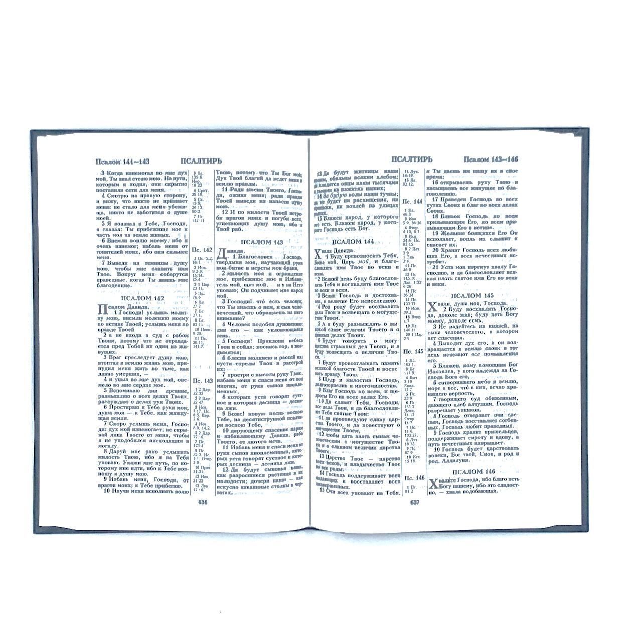Библия 055 твердый переплет, цвет черный, надпись "Библия", средний формат, 140*215 мм, параллельные места по центру страницы, белые страницы, крупный шриф