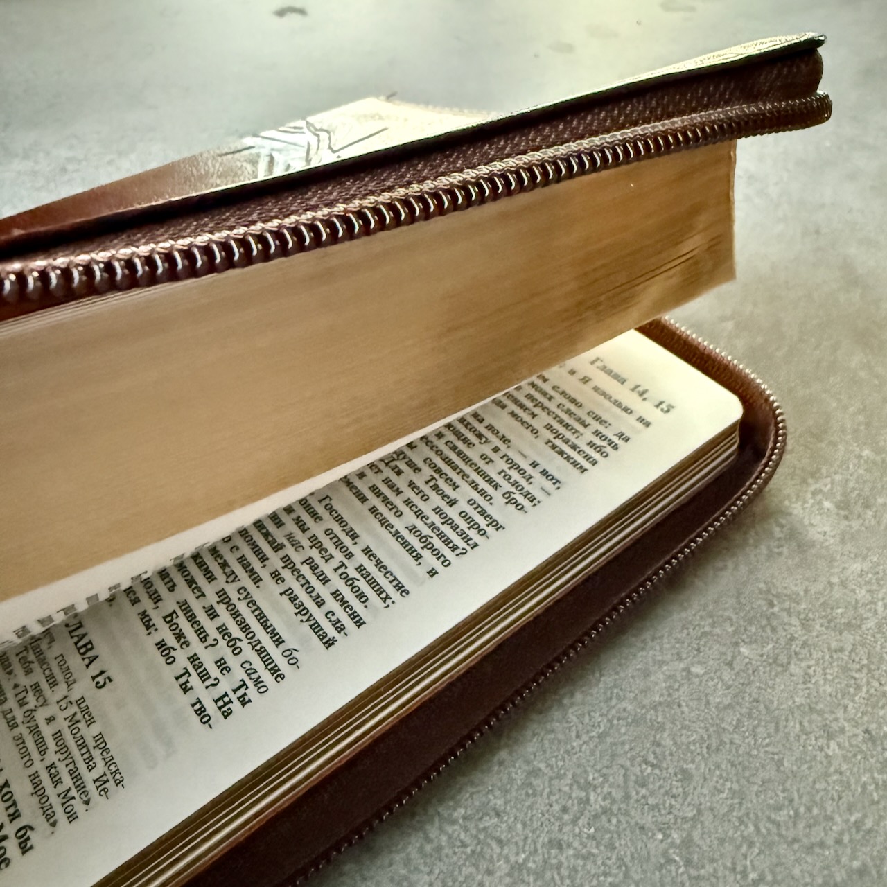 Библия 055z код 25055-49 термо штамп "терновый венец", переплет из эко кожи на молнии, цвет темно-коричневый металлик, средний формат, 143*220 мм