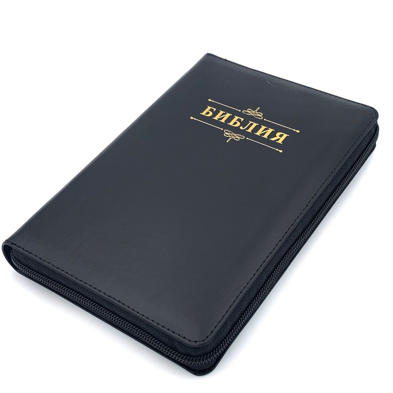 Библия 053zti код A8 надпись "Библия", кожаный переплет на молнии с индексами, цвет черный с прожилками, формат 140*202 мм