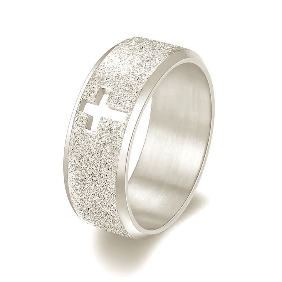 Кольцо, материал сталь, 18 размер (американский 8), "сквозной Крест" , серебряное напыление