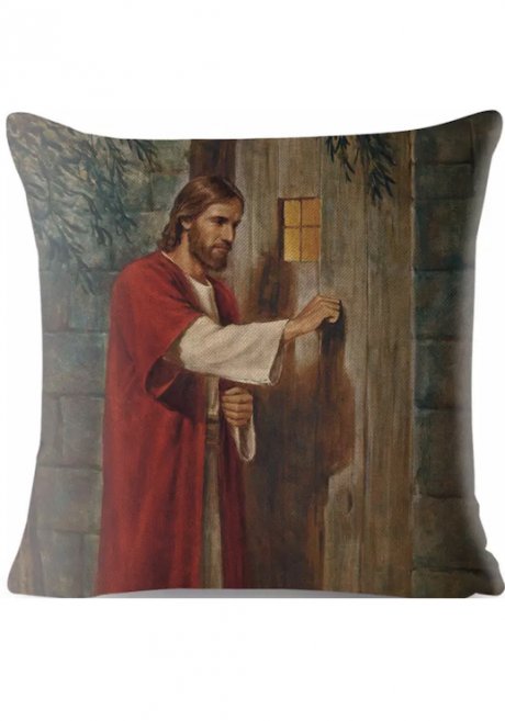 Цветной чехол на подушку из мягкой ткани на молнии, полноцветная печать, рисунок "Се стою и стучу", размер 45 на 45 см, Иисус стоит у двери
