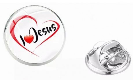 Значок металлический  в форме круга из полимерной 3Д заливки "I love Jesus" (два сердца), цвет "серебро", диаметр 16 мм