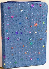 Библия 045JZВ джинсовый переплет со звездочками и молнией, зол стран, средний формат, 120*165 мм, код 1175