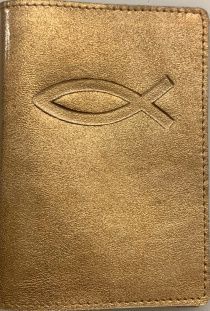Обложка для паспорта (натуральная цветная кожа), "Рыбка" термопечать, цвет золотистый металлик