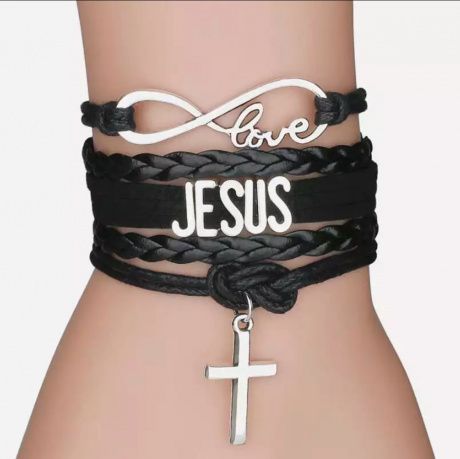 Браслет тройной "Крестик подвеска, JESUS, знак бесконечности, LOVE", кожа, застежка, цвет черный, на детскую или женскую руку