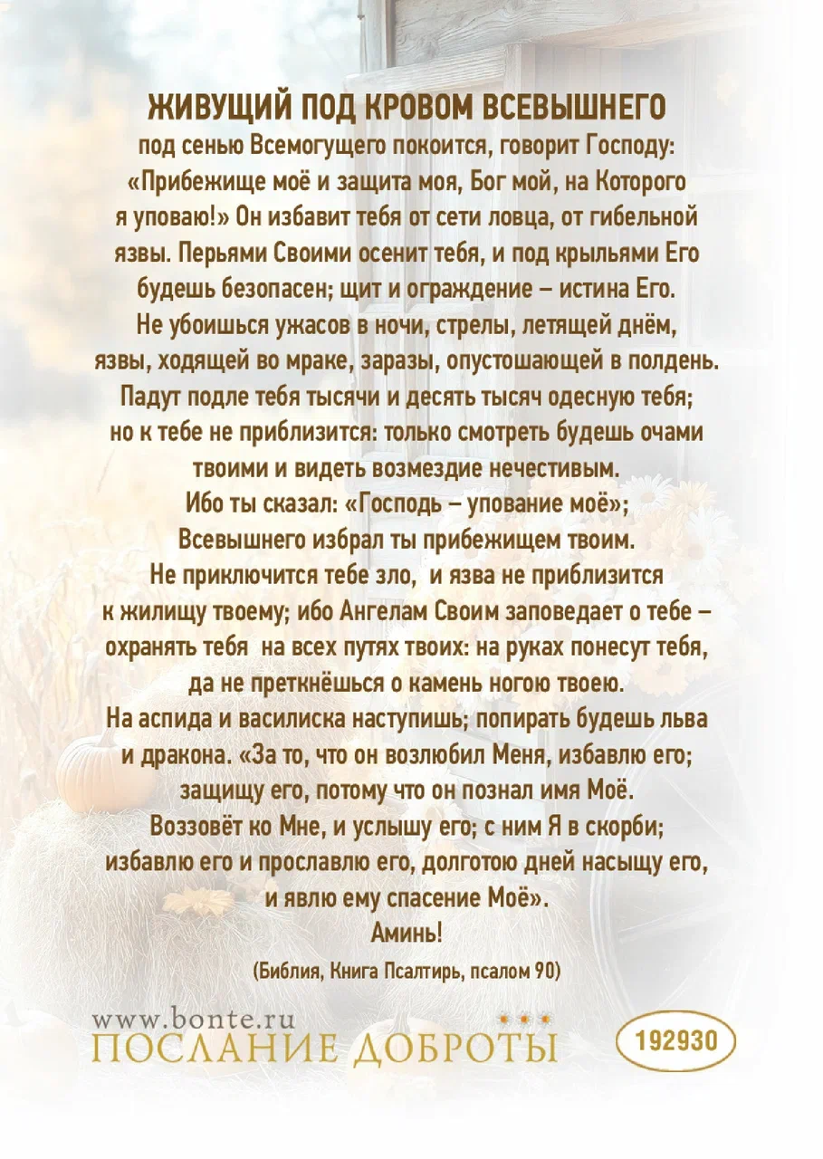 Открытка малая "Молитва Живый в помощи Всевышнего (псалом 90)" код 192930