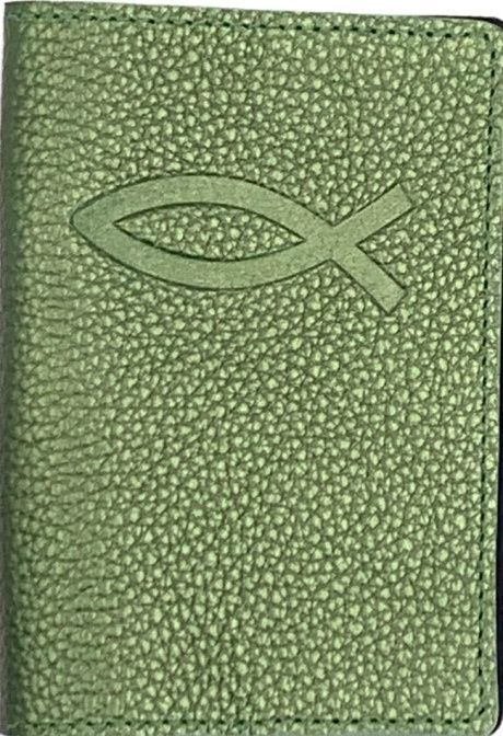 Обложка для паспорта (натуральная цветная кожа), "Рыбка" термопечать, цвет зеленый металлик