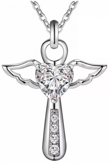 Кулон серебряный "изящный Ангел со стразом серебряного цвета в виде сердечка" на цепочке с небольшими звеньями  (длина 46 + 5 см), в специальном подарочном мешочке