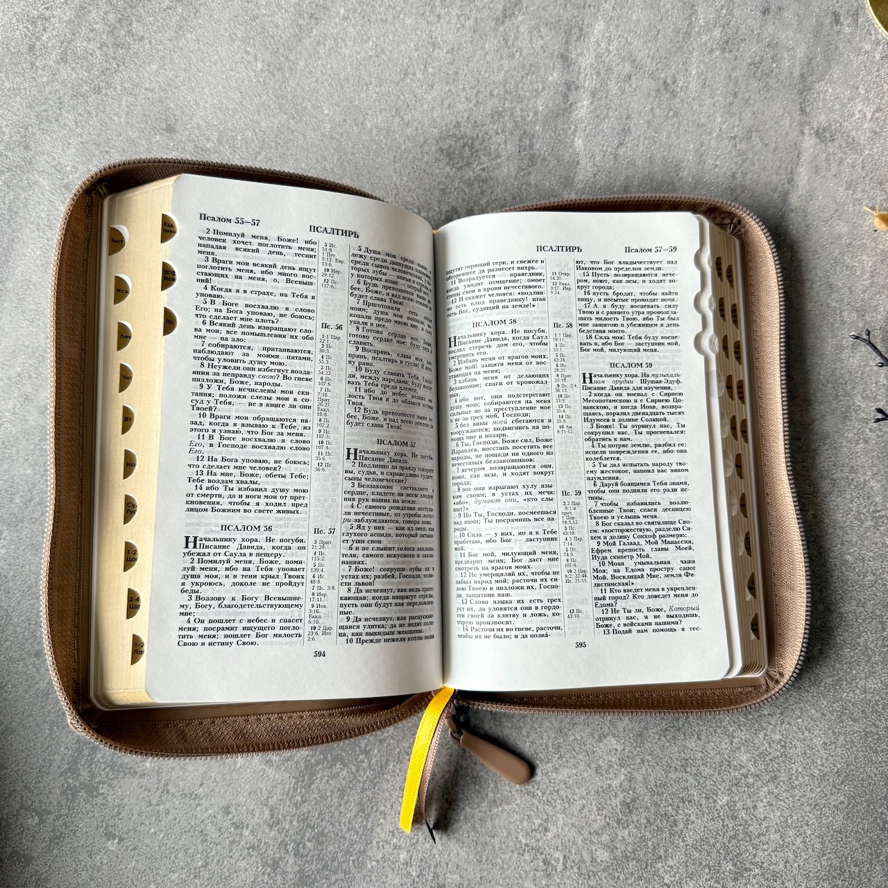 Библия 048 zti код 25048-27  дизайн "термо штамп терновый венец", переплет из искусственной кожи на молнии с индексами, цвет серо-бежевый , формат 125*195 мм