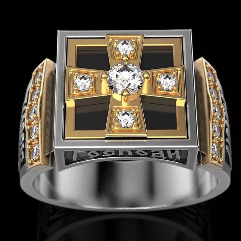 Перстень "Крест" с надписью "Господи Спаси и и Сохрани" ,  цвет "серебро-золото" материал сталь, размер 19