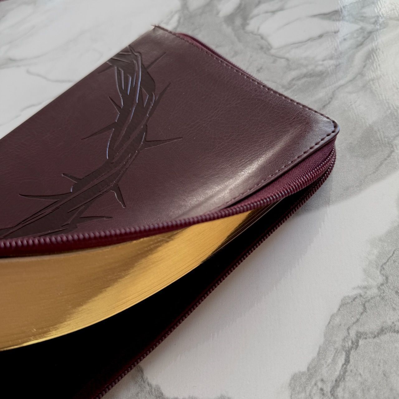 Библия 055z код 26055-33 термо штамп "терновый венец", переплет из эко кожи на молнии, цвет коричневый с оттенком бордо, средний формат, 143*220 мм