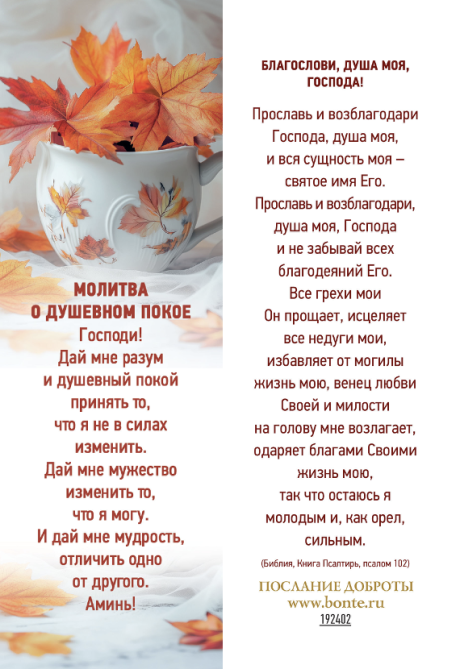 Закладка Молитва о Душевном покое "Господи! Да мне разум и душевный покой…"/ оборот Псалом 102 код 192402