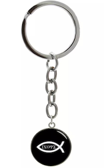 Брелок металлический  на цепочке в форме круга (диаметр 20 мм) из 3Д полимерной смолы - "Рыбка ИХТУС" на черном фоне