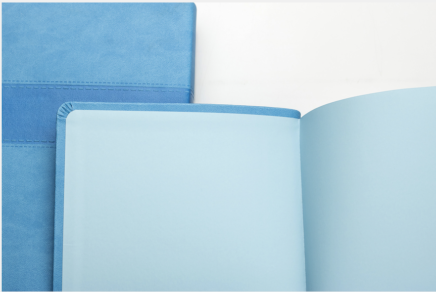 Библия 055 переплет из термовинила , цвет голубой и надпись "Библия" термо вставка синего цвета, средний формат, 140*215 мм, парал. места по центру страницы, белые страницы, серебряный обрез, крупный шрифт
