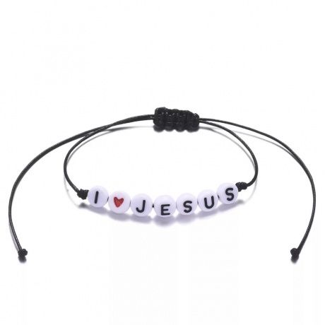 Браслет из бусинок с буквами на шнурочке цвет "черный",  надпись "I LOVE JESUS", размер регулируется