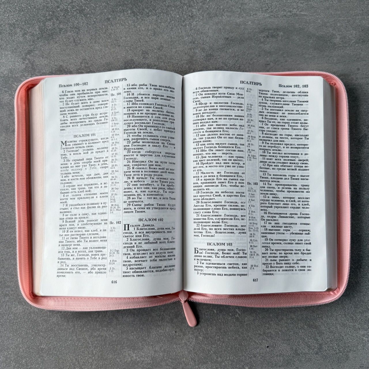  Дисконт №3. Серая точка с задней стороны обложки внизу слева. Библия 076z код 25076-45, дизайн "розово-золотое сердце", переплет из эко кожи на молнии,  цвет розово-золотой, размер 170x240 мм