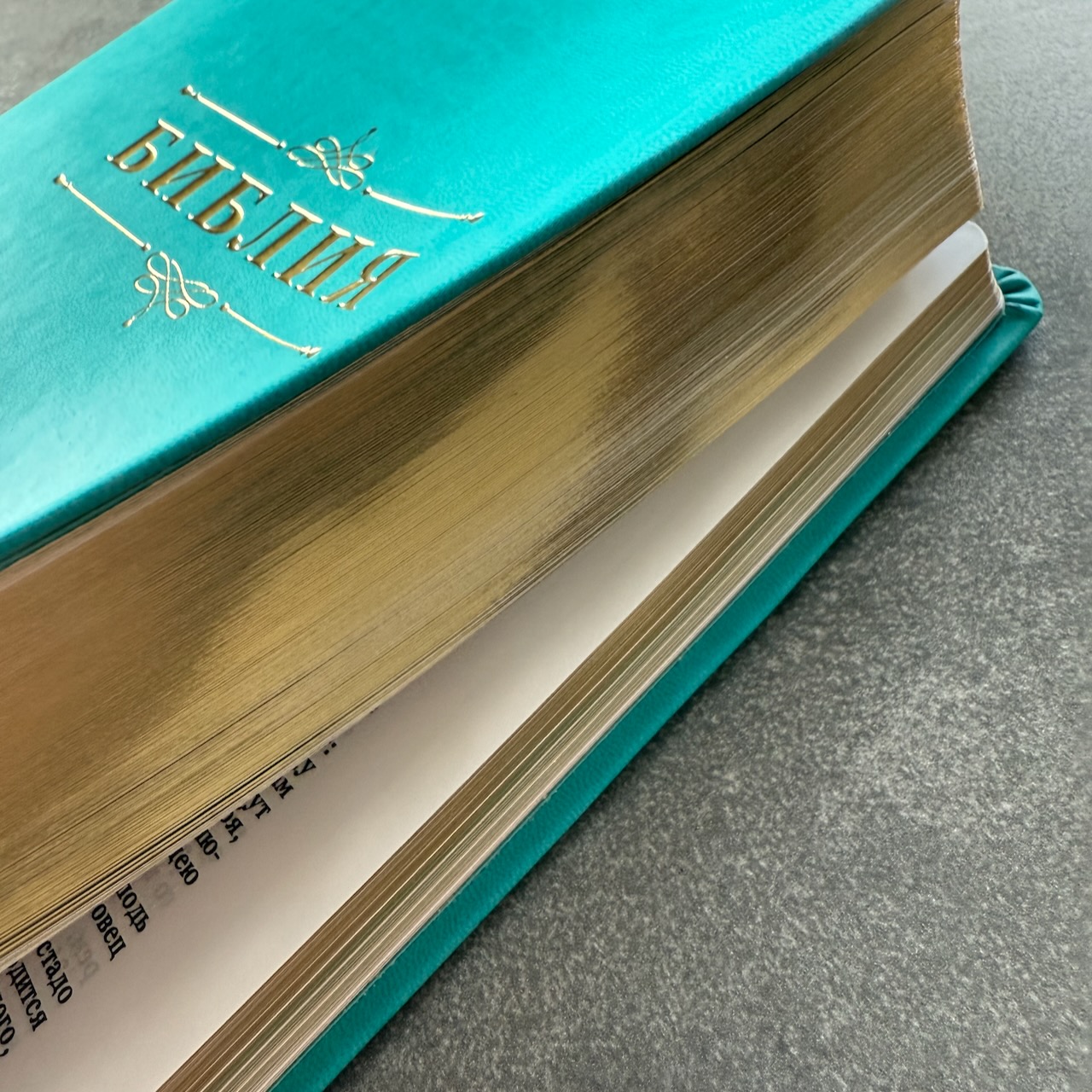 Дисконт. Бесцветные пятна на лицевой обложке и две серые точки. Библия 076 код 25076-48, дизайн "Библия с вензелем" , переплет из эко кожи,  цвет бирюза, размер 170x240 мм