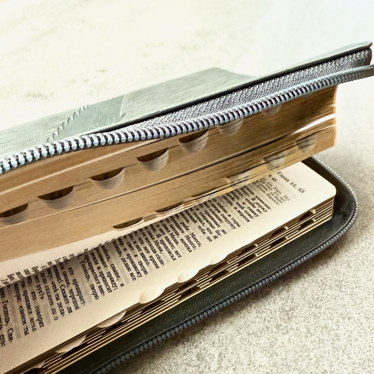 Библия 048 zti код 25048-31  дизайн "термо штамп голубь", переплет из искусственной кожи на молнии с индексами, цвет серый графит ребристый , формат 125*195 мм