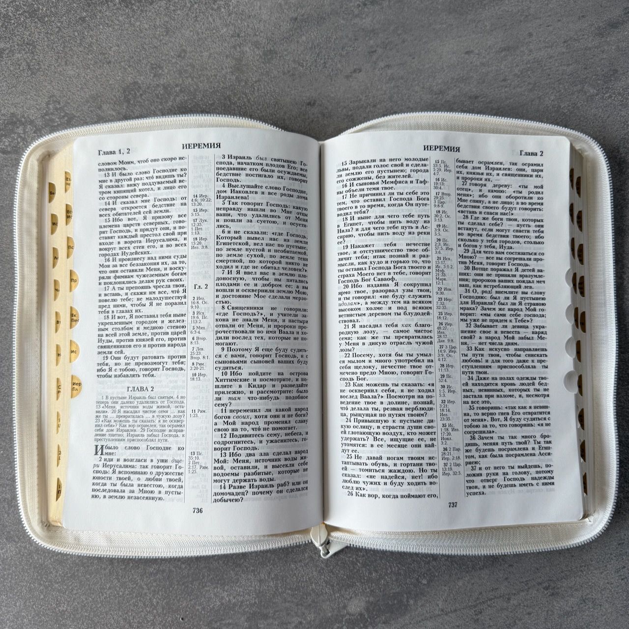 Дисконт еле заметная серая точка на лицевой обложке слева по центру. Библия 076zti код 25076-11,  "Семейная библия", улучшенный кожаный переплет на молнии с индексами,  цвет белый, размер 170x240 мм