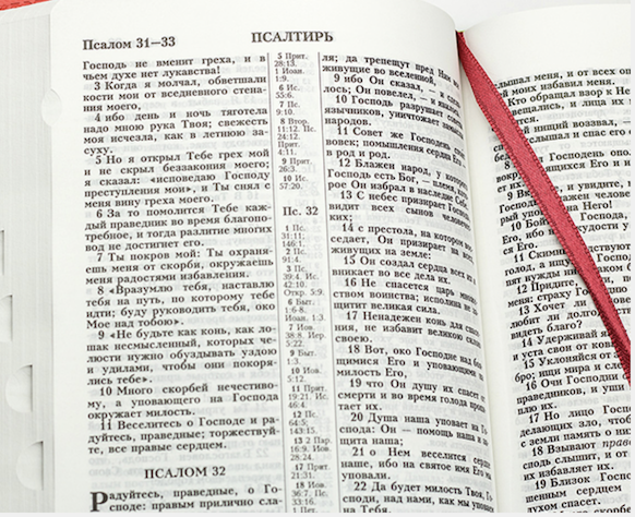 Библия 055 DTI переплет из термовинила , цвет салатовый/красный и надпись "Библия" термо вставка из цветов, средний формат, 140*215 мм, парал. места по центру страницы, белые страницы, крупный шрифт, индексы