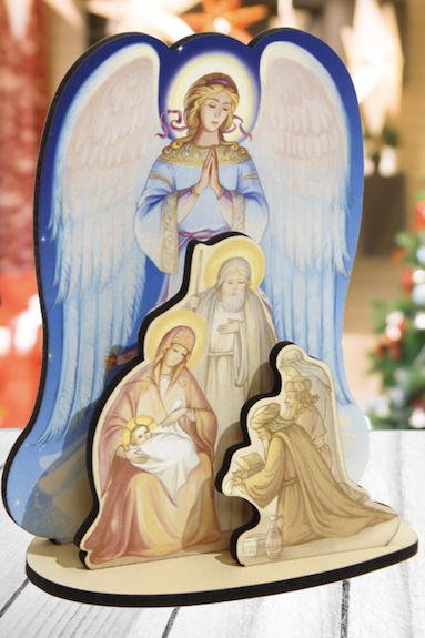 Настольный деревянный 3Д сувенир "Вертеп с ангелом!" Поклонение волхов, размер 14,5*21 см