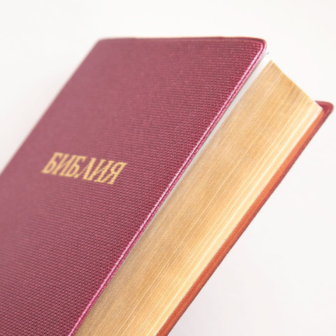 Библия 048 код E2 надпись "библия", переплет искусственной кожи, цвет фиолетовый под ткань, формат 125*190 мм, золотой обрез, синодальный перевод, параллельные места по центру страницы, 2 закладки, шрифт 10-11 кегель, цветные карты