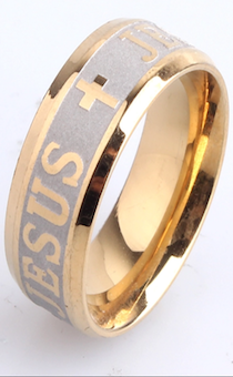 Кольцо, материал сталь, 19 размер (американский 9), КРЕСТ и надпись "JESUS" ,  цвет "золото", металлик