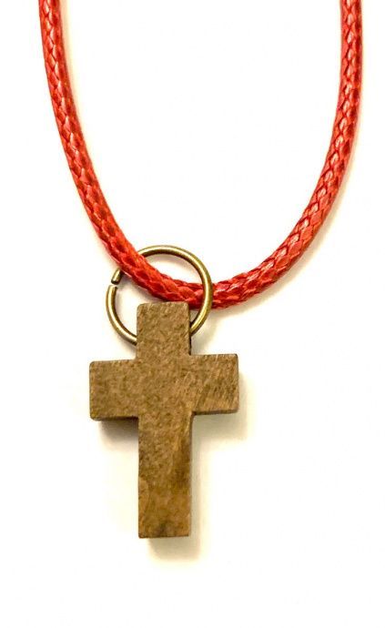 Кулон "Крест малый деревянный", размер 22*15 мм,  цвет "темный шоколад" на тканевом шнурочке 45+5 см бордового цвета