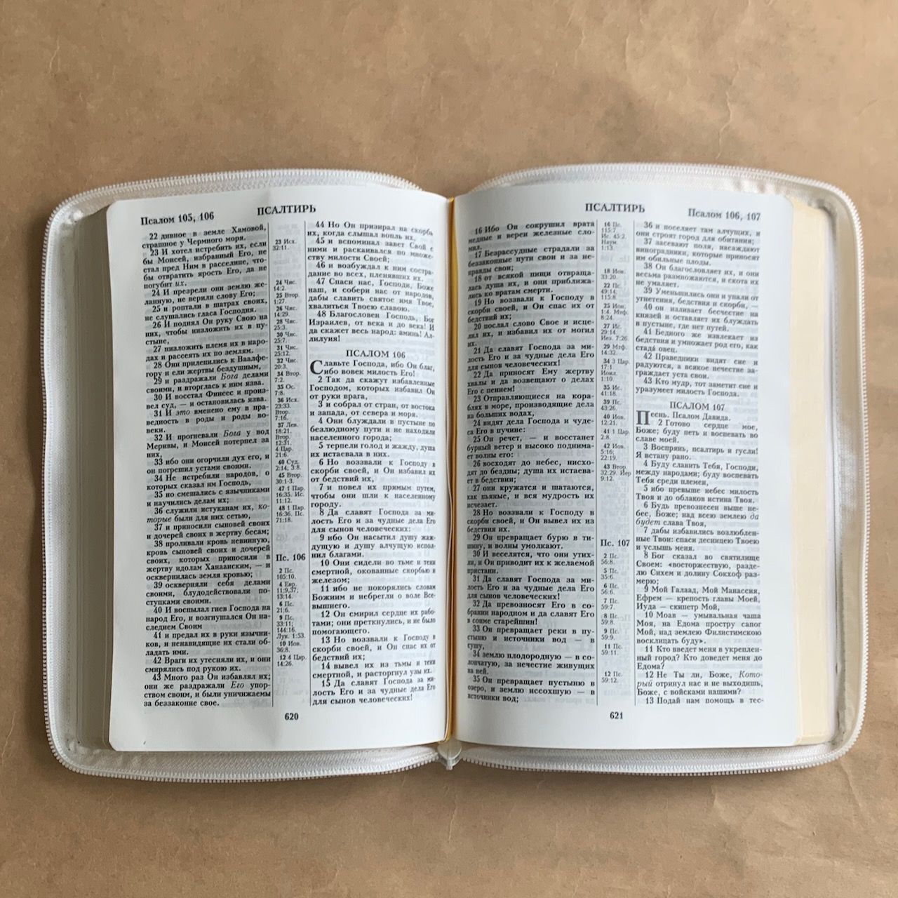 Библия 076z код B8, дизайн "золотая рамка с виноградной лозой", кожаный переплет на молнии, цвет белый пятнистый, размер 180x243 мм