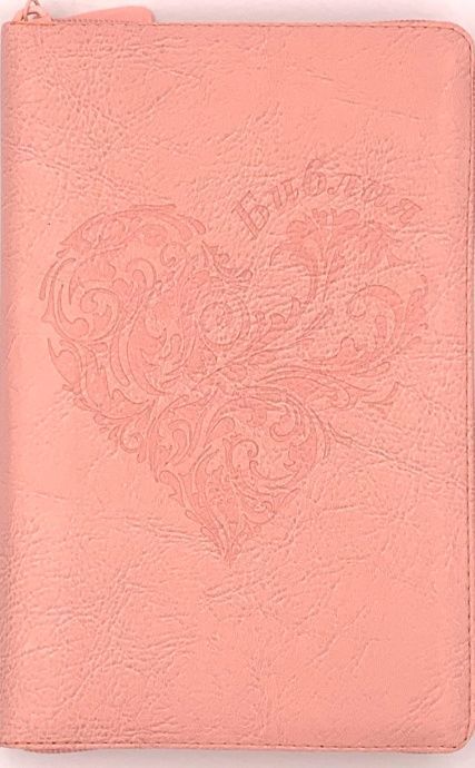 Библия 055z код I1a дизайн "сердце" термо штамп, переплет из искусственной кожи на молнии, цвет розовый, средний формат, 143*220 мм,
