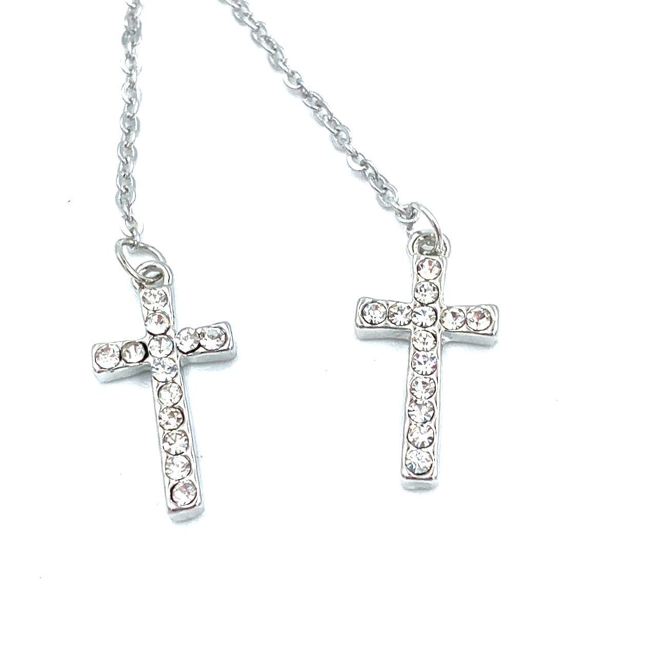 Кулон серебряный "два крестика со стразами" (10*18 мм) на цепочке с небольшими звеньями  (длина 46 + 5 см)