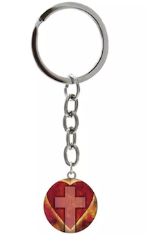 Брелок металлический  на цепочке в форме круга (диаметр 20 мм) из 3Д полимерной смолы - "Сердце и Крест" на розовом фоне