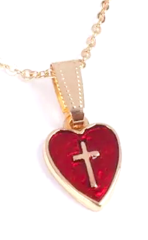 Кулон металлический "Сердце красное внутри крест"", цвет "золото" ,  размер 28*26 мм, на металлической цепочке 45+5 см