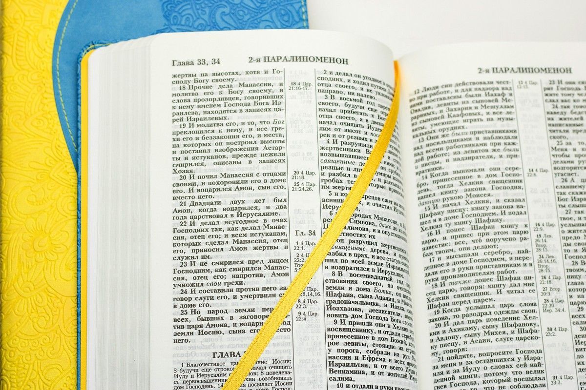 Библия 055 DT переплет из термовинила , цвет солнечный/голубой и надпись "Библия" термо вставка из цветов, средний формат, 140*215 мм, парал. места по центру страницы, белые страницы, крупный шрифт