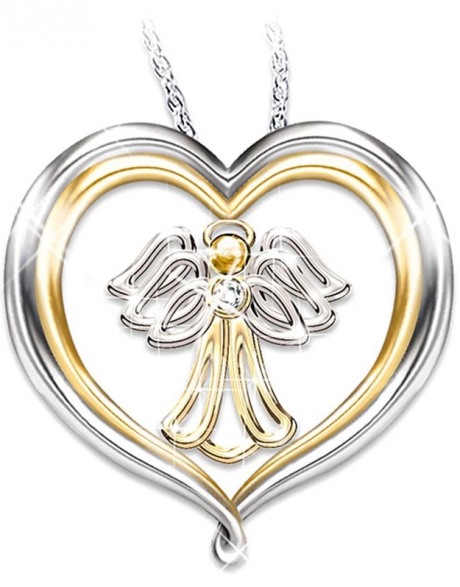 Кулон металлический "Сердце внутри золотой ангел со стразом", цвет серебро, размер 23*25 мм,  на цепочке (длина 41+5 см)