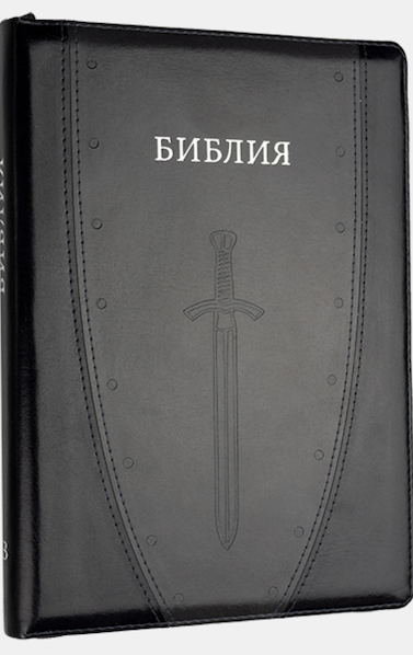 Библия 076 zti рисунок щит и меч, цвет серо-черная  размер 23 x16 см , переплет с молнией и индексами, серебряный обрез.