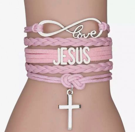 Браслет тройной "Крестик подвеска, JESUS, знак бесконечности, LOVE", кожа, застежка, цвет розовый, на детскую или женскую руку
