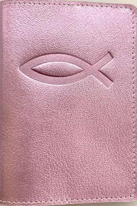 Обложка для паспорта (натуральная цветная кожа), "Рыбка" термопечать, цвет серебристый металлик с розовым отливом
