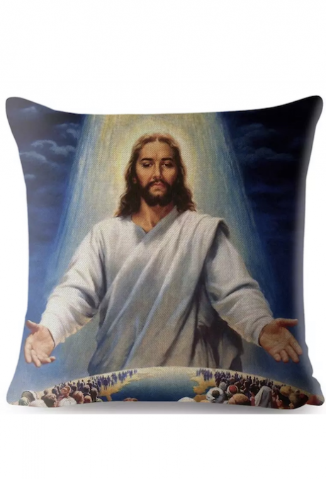 Цветной чехол на подушку из мягкой ткани на молнии, полноцветная печать, рисунок "Иисус и спасенные народы", размер 45 на 45 см - Иисус и овцы