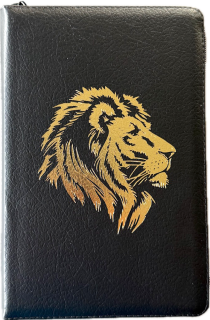 Библия 055z код 26055-8 кожаный переплет на молнии, цвет черный матовый пятнистый, дизайн золотой лев, средний формат, 143*220 мм