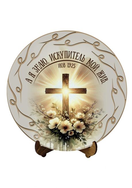 Декоративное панно на подставке, круглое, длина 17,8 см  "А я знаю Искупитель мой жив" Иов 19:25 . Обратная сторона "Отче Наш"  + клеевой подвес для стены
