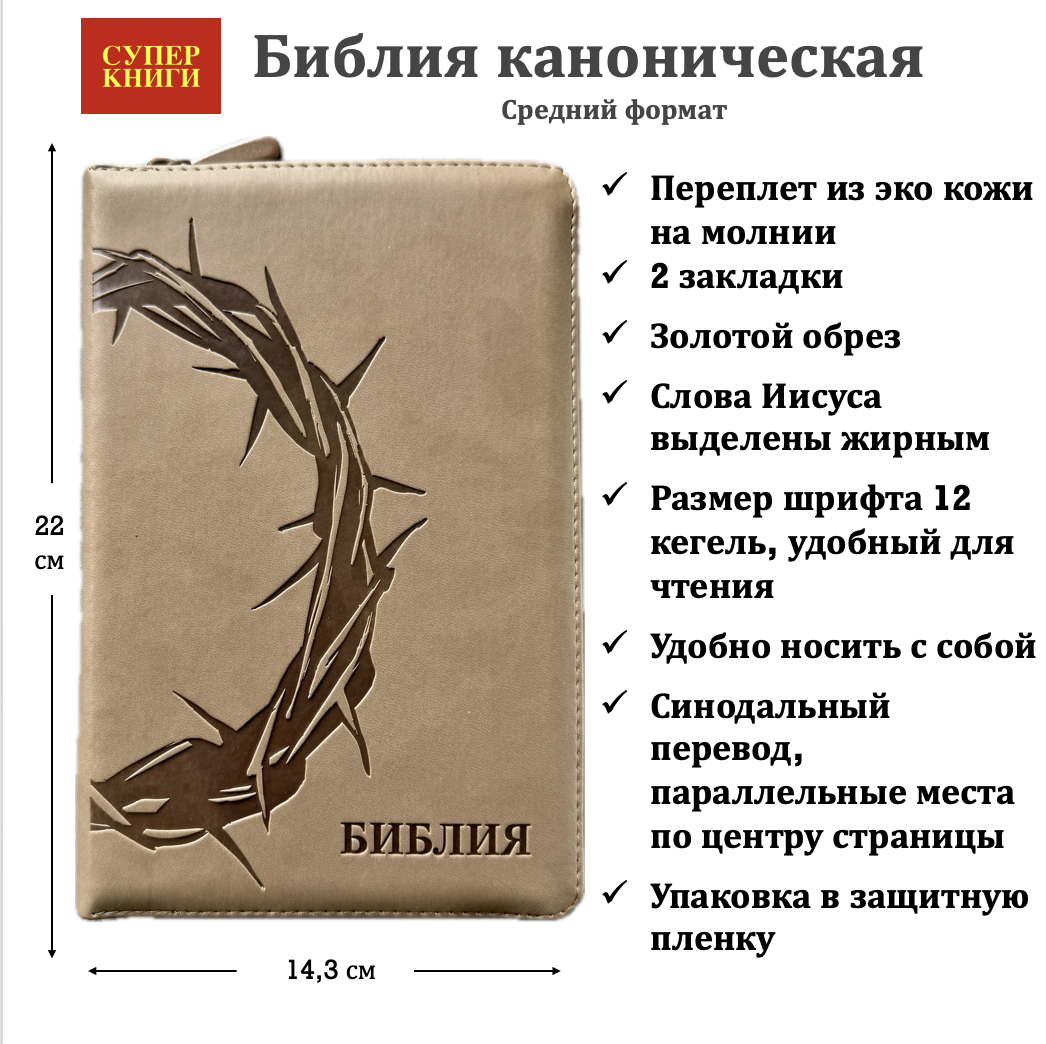 Дисконт №3. Маленькая серая точка на лицевой обложке, слева по центру. Библия 055z код 25055-44 термо штамп "терновый венец", переплет из эко кожи на молнии, цвет серо-бежевый, средний формат, 143*220 мм