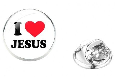 Значок металлический  в форме круга из полимерной 3Д заливки "I love Jesus" (красное сердце), цвет "серебро", диаметр 16 мм