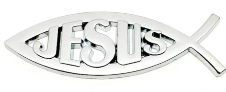 Наклейка на машину пластик Рыбка с надписью JESUS  большая  серебро,13*4 см